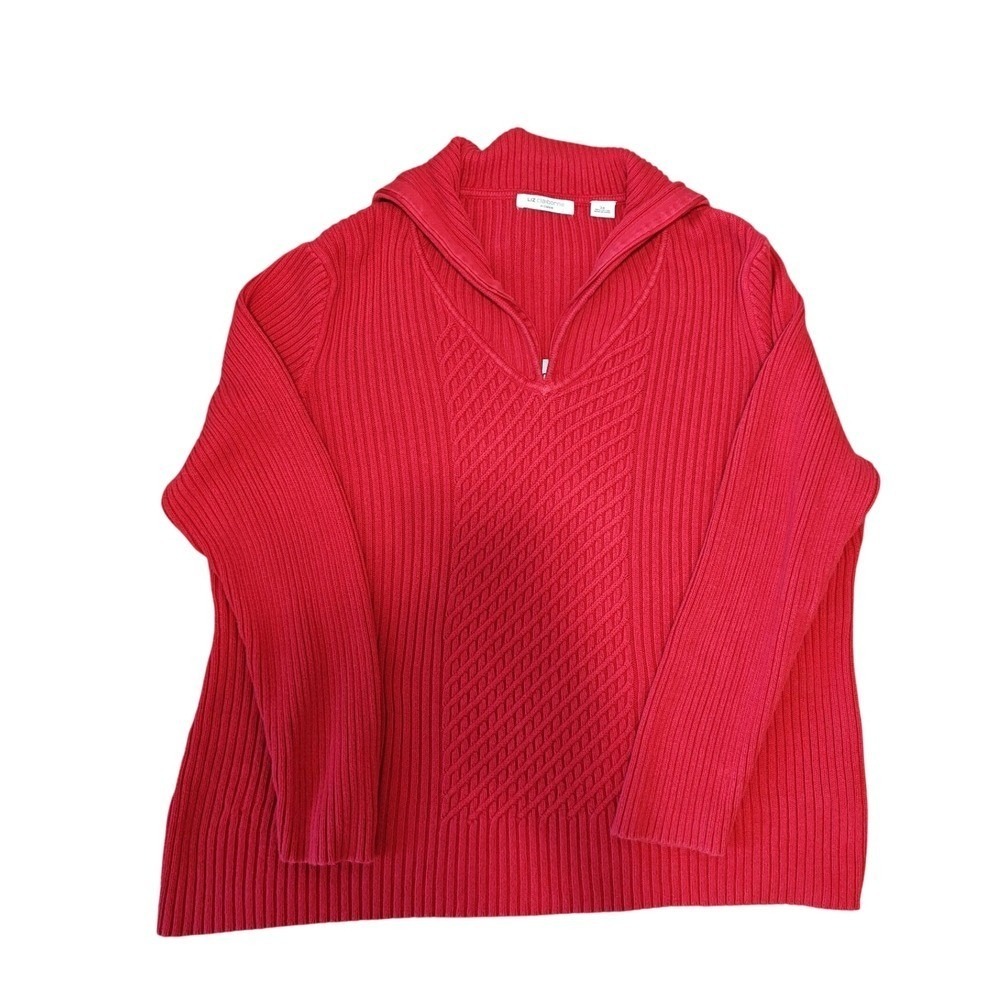 Liz Claiborne Red Ribbed Quarter‎ Zip Sweater Women 3XL Chevron Cable Pullover